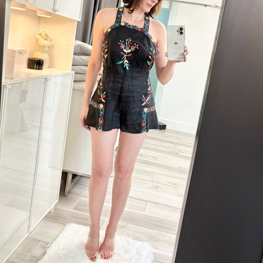Zara Black Linen Romper with Colorful Embroidery
